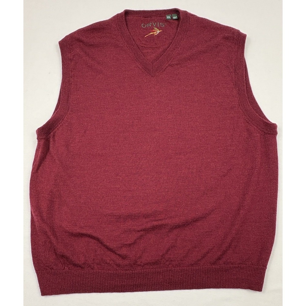 Orvis Maroon 100% Merino Wool V-Neck Sweater Vest Sz 2XL Preppy Grandpa Golf EUC